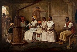 Slaves Waiting for Sale: Richmond, Virginia, 1853. Note the new clothes. The domestic slave trade broke up many families, and individuals lost their connection to families and clans. Crowe-Slaves Waiting for Sale - Richmond, Virginia.jpg