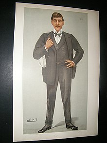 Old colored drawing of a man facing full front in a 19th-century suit with waistcoat, spats, black tie and stand up collar, his right hand holding his lapel and his left hand, with a ring on his pinky finger on his hip, his white gloves tucked into his coat pockets