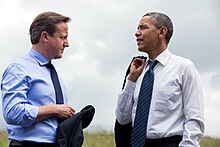 Prime Minister David Cameron (left) meets US President Barack Obama (right) at the G8 Summit, June 2013. David Cameron and Barack Obama at G8 summit, 2013.jpg