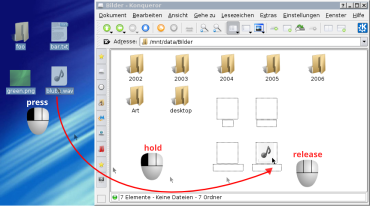 Drag and drop operation performed on a group of files between KDesktop and Konqueror in KDE Drag-and-drop-en.svg