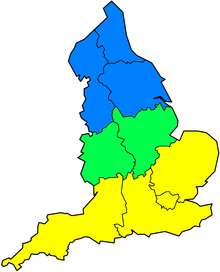 In this image, Southern England and East Anglia is shown as yellow, Northern England as blue, and The Midlands as green