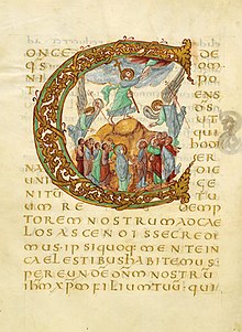 Use of the symbolic Hand of God in the Ascension from the Drogo Sacramentary, c. 850 Enluminure Drogon c.jpg