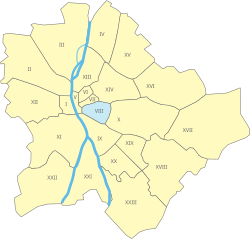 Location of District V, shown in blue, in Budapest