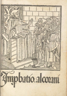 Title page of Riccoldo da Monte di Croce's polemical and apologetic work critiquing Koran and Islam. Published in Seville c. 1500. It shows a Christian friar preaching to Muslims. ImprobatioAlCorani.png