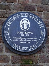 Plaque outside Sheen Gate to John Lewis, the Richmond brewer who secured public rights of access to the park in 1758 John Lewis 1713-1792 Richmond brewer who secured public rights of access to the park in 1758.jpg