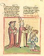 Die Kaiserkrönung Heinrichs V. durch Papst Paschalis II. aus spätmittelalterlicher Sichtweise (handkolorierte Handschrift, um 1460)