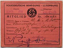 Membership card for the Volksdeutsche Bewegung, issued in 1940 Mitgliedsausweis Volksdeutsche Bewegung 1940-09.jpg