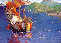 Guests from Overseas--Nicholas Roerich, 1901. The painting represents the coming of Varangian Rus' from Scandinavia to the heart of the Eurasian continent. Nicholas Roerich, Guests from Overseas (corrected colour).jpg