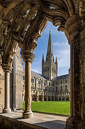 The view of the spire of Norwich Cathedral from the cloisters, in Norfolk, England Norwich Cathedral from Cloisters, Norfolk, UK - Diliff.jpg