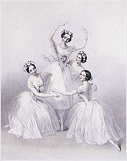 Illustration från den romantiska balettens era – ”Pas de Quatre” med Marie Taglioni, Carlotta Grisi, Fanny Cerrito och Lucile Grahn (1845)