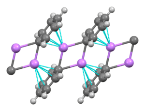 溶媒和されていないフェニルリチウムの結晶構造における梯子の一部の棒球モデル