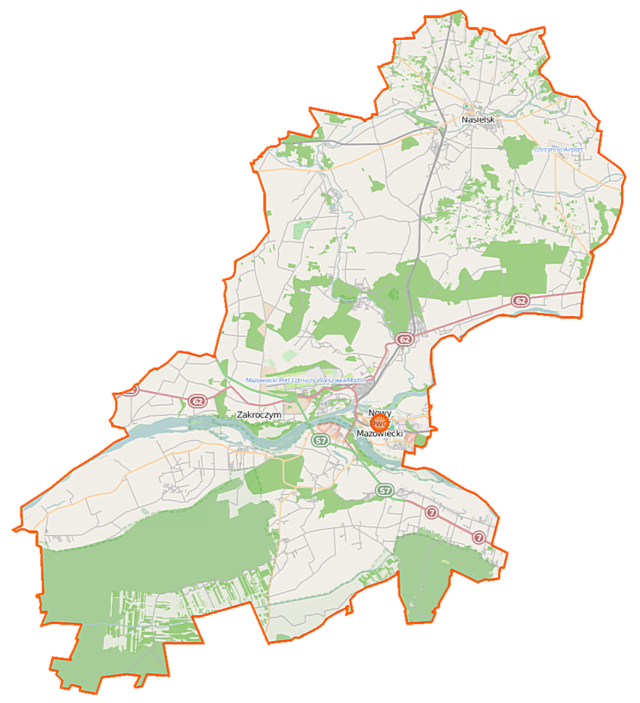 Mapa konturowa powiatu nowodworskiego, w centrum znajduje się punkt z opisem „Nowy Dwór Mazowiecki”