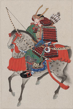 English: Samurai on horseback, wearing armor a...