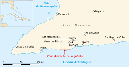 Carte détaillée de la Sierra Maestra. Le rectangle indique la zone contrôlée par la guérilla au début de la révolution cubaine.