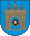 A coat of arms depicting a grey castle with three towers topped by crosses with a human head on the front door all on a blue background