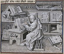 Burgundian scribe Jean Mielot in his scriptorium (15th century) Tavernier Jean Mielot.jpg