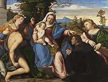 Sacra conversazione with a landscape setting and donor portrait, Palma Vecchio, c. 1519 The Virgin and Child with Saints and a Donor by Palma Vecchio.jpeg