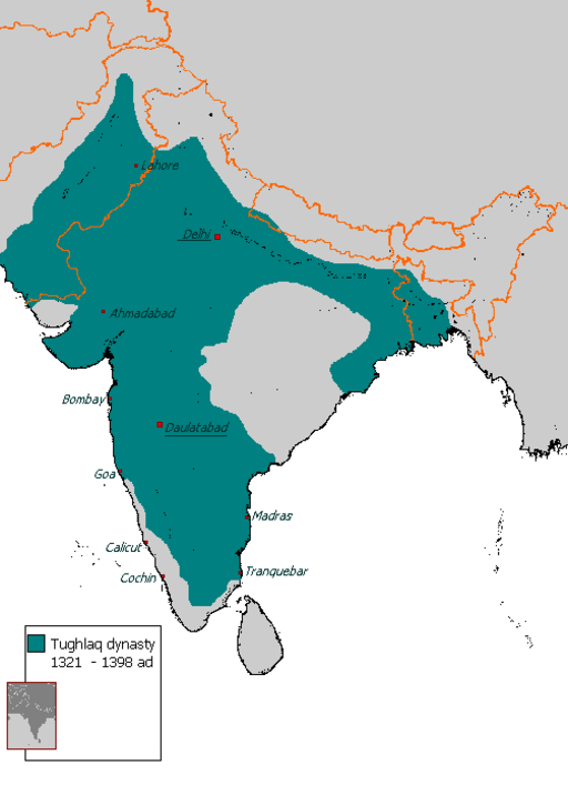 Map of the Delhi Sultanate at its zenith under a Turko–Indian Tughlaq dynasty.[1]