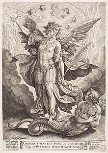 St Michael Slaying the Dragon, 1584, Hieronymus Wierix WIERIX, Hieronymus St Michael Slaying the Dragon 1584.jpg