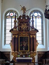 Altar mit Abendmahlsszene, Wappen von Sachsen-Lauenburg, Engelsfigur