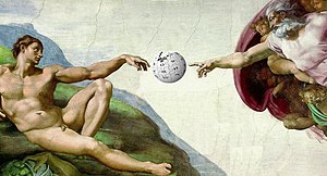 Le tableau La création d'Adam de Michel-Ange retouché par un Wikimédien de telle sorte à faire apparaitre le logo de Wikipédia entre le doigt de Dieu et celui d'Adam