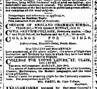Earliest newspaper advertisement mentioning Jeffrey Street being for a college for girls