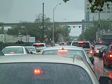 Traffic gridlock in Miami, Florida. Lights are green but backups fill all the space. 7th Street gridlock afternoon.jpg