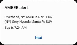 An amber alert on Android. An Amber alert on Android. Text reads in all caps "Riverhead, NY AMBER Alert: LIC/ [license plate removed] (NY) Grey Hyundai Santa Fe SUV".