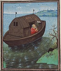 Noah sends off a dove from the Ark (miniature on vellum by Jean Dreux circa 1450-1460 at the Museum Meermanno-Westreenianum, The Hague) Aegidius of Roya deluge.jpg