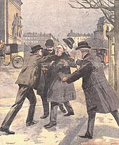 Depiction of French President Armand Fallieres's assault by a waiter named Jean Mattis Agression contre Fallieres - detail (Petit Parisien illustre, 1909-01-10).jpeg