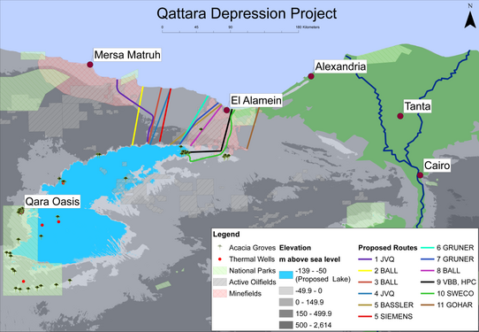 Mapa de la depressió de Qattara amb rutes fluvials. Totes les rutes proposades per a una ruta de túnel i/o canal des del la mar Mediterrània cap a la depressió de Qattara