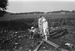 Berit Wallenberg arbetar vid en arkeologisk utgrävning av Alvastra pålbyggnad 1928. Bakom henne Verner von Heidenstam och två damer på besök.