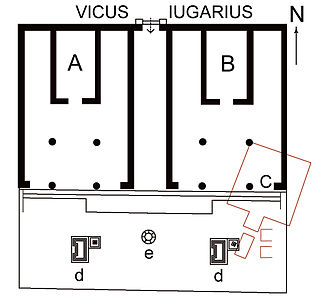 Les temples jumeaux : A : temple de la Fortune B : temple de Mater Matuta C (en rouge) : temple archaïque d : autels et puits rituels e : support d'offrande circulaire.