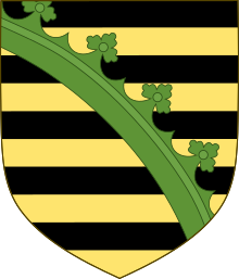 Coat of arms of Saxony used since the accession of the House of Ascania to the dukedom in 1180, comprising the Ascanian arms with an added bendwise crancelin indicating the Saxon ducal rank Armoiries Saxe2.svg