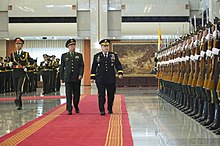 Milley, as Army chief of staff, performs a military inspection alongside his PRC counterpart, Commander of the PLA Ground Force General Li Zuocheng at the Bayi building in Beijing, August 16, 2016. Army chief of staff meets with Chinese counterpart in Beijing 01.jpg