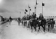 Black and white photo of mounted soldiers with middle eastern headwraps, carrying rifles, walking down a road away from the camera