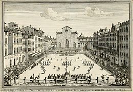 La iglesia de la Santa Cruz en el Calcio florentino en 1688, con la fachada inacabada