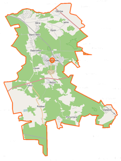 Mapa konturowa gminy Celestynów, blisko centrum na prawo u góry znajduje się punkt z opisem „Centrum Edukacji Leśnej (CEL)”