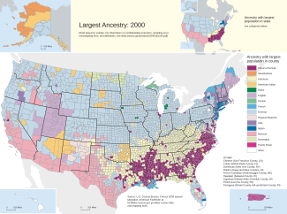Largest ancestry in each U.S. county, 2000; African Americans predominate in those colored dark purple (the key's first color)