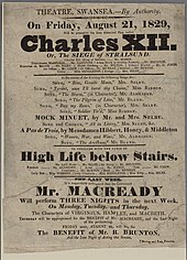 Billing for a British theatre in 1829 Charles XII High Life below Stairs Mr. Macready 1829.jpg