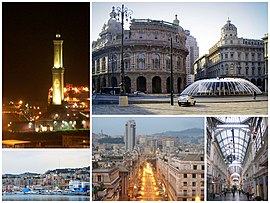 A collage o Genoa, Clockwise frae top left: Torre della Lanterna, Piazza de Ferrari, Galleria Mazzini, Brigata Liguria Street, View o San Teodoro frae Genoa Port