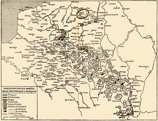 Déploiement des forces le long de la frontière, de Maubeuge à Montbéliard.