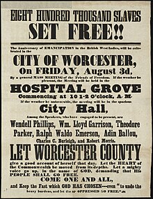 Poster for an event in Worcester, Massachusetts in 1849, commemorating the end of slavery in the British West Indies Eight hundred thousand slaves set free (14174338820).jpg