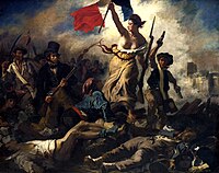 Eugène Delacroix: La Liberté guidant le peuple Een zinnebeeld voor alle revoluties, hoewel het geassocieerd wordt met de Franse Revolutie van 1789, beeldt het schilderij de juli-revolutie van 1830 uit.