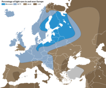 Percentage of light eyes in and near Europe according to anthropologist Peter Frost.
.mw-parser-output .legend{page-break-inside:avoid;break-inside:avoid-column}.mw-parser-output .legend-color{display:inline-block;min-width:1.25em;height:1.25em;line-height:1.25;margin:1px 0;text-align:center;border:1px solid black;background-color:transparent;color:black}.mw-parser-output .legend-text{}
80+
50-79
20-49
1-19 Eye colors map of Europe.png