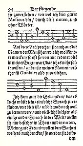 Halaman berisi teks berbahasa Jerman diselingi dengan penulisan bahasa Bulan fiktif yang dibuat menyerupai not balok