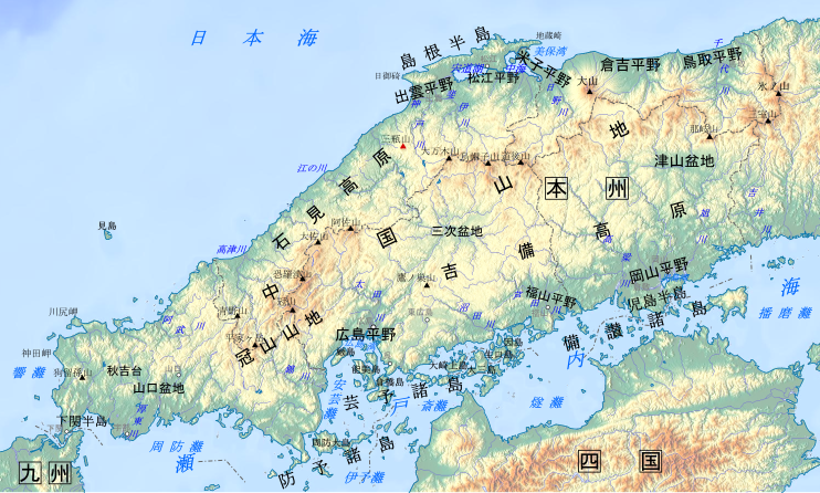 中国山地周辺の地形図