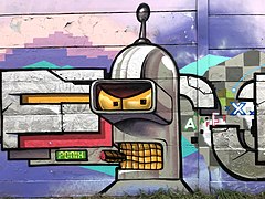 Grafiti karakter Bender di dinding di Budapest, Hungaria