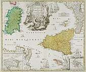 Sardinia (green) and Sicily (yellow) on a 1720 map. Homann.jpg