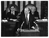 1st-in-line of succession, new Vice President Gerald Ford addressed Congress in 1973 in front of 2nd-in-line Speaker of the House Carl Albert, and 3rd-in-line President pro tempore of the Senate James Eastland. Inauguration of Gerald Ford as Vice-President, undated.jpg